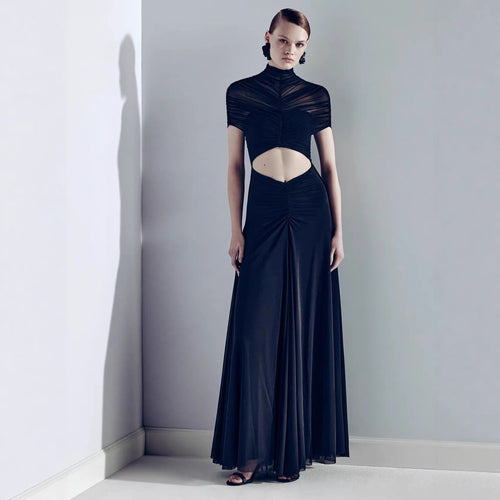 Damen Elegantes Cut-Out Maxikleid mit hochgeschlossenem Design und raffinierten Drapierungen Drune