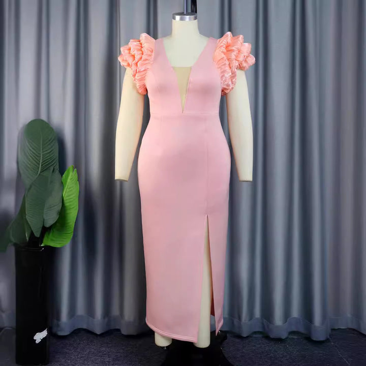 Damen Maxikleid mit extravagantem Volant und tiefem V-Ausschnitt Drune