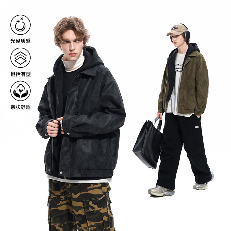 Herren Oversized Velourslederoptik Bomberjacke mit Kapuze und Doppelreißverschluss Drune