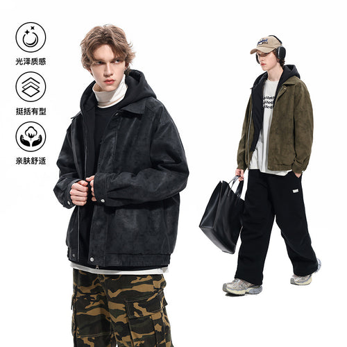 Herren Oversized Velourslederoptik Bomberjacke mit Kapuze und Doppelreißverschluss Drune