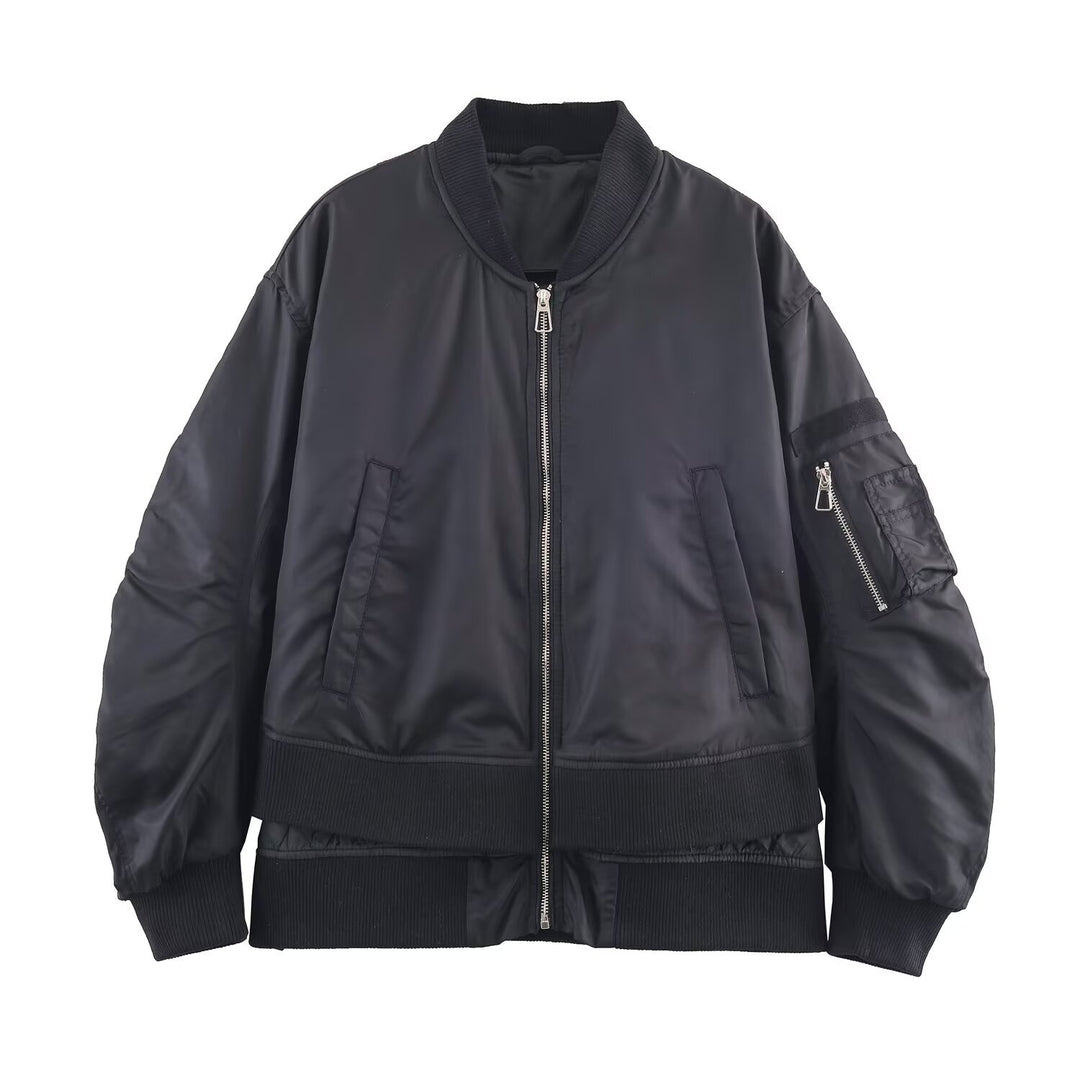 Damen Oversize-Bomberjacke mit wattierter Steppfütterung, Ärmel‑Reißverschlusstasche und breitem Rippbund Drune