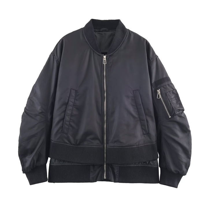 Damen Oversize-Bomberjacke mit wattierter Steppfütterung, Ärmel‑Reißverschlusstasche und breitem Rippbund Drune