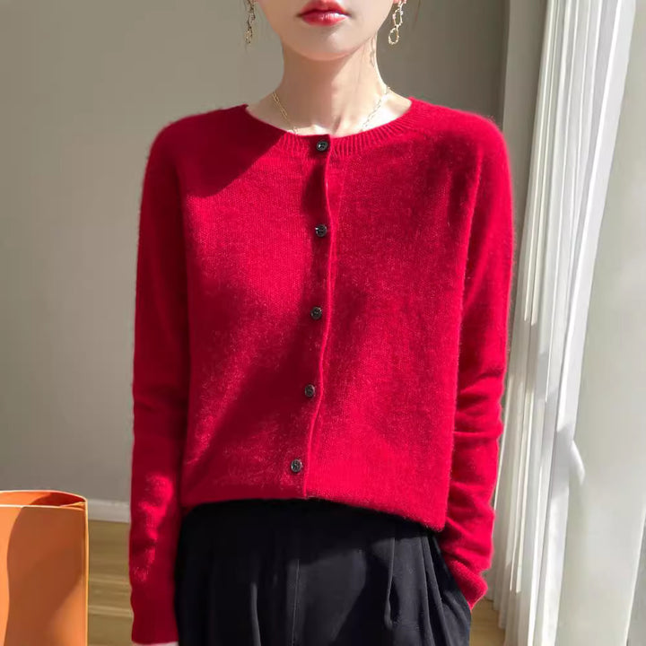 Damen Kurzgeschnittener Feinstrick-Cardigan mit Rundhalsausschnitt und schimmernder Knopfleiste Drune