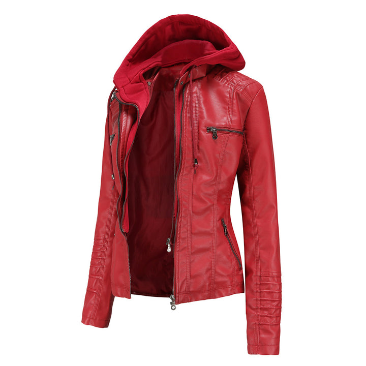Damen nan taillierte Kunstlederjacke mit Kapuze, gesteppter Armblende und verdeckten Reißverschlusstaschen Drune