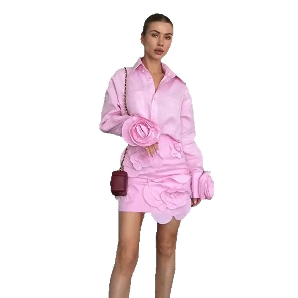 Damen Hemdblusen-Minirock-Set mit voluminösen 3D-Rosenapplikationen und Perlendetails Drune