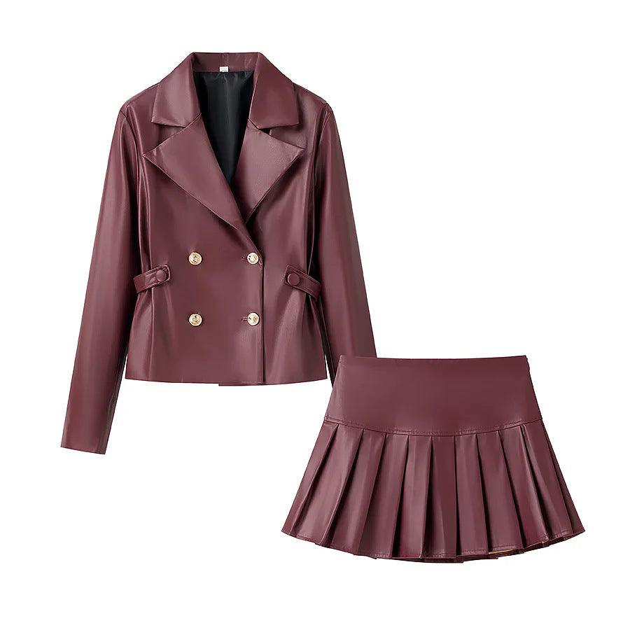 Damen nan tailliertes Doppelreiher-Blazer- und Faltenmini-Set aus veganem Leder Drune