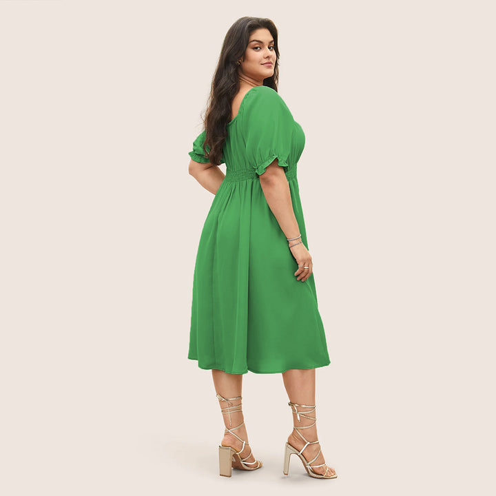 Damen Midi-Kleid mit Puffärmeln und elastischem Taillenbund Drune