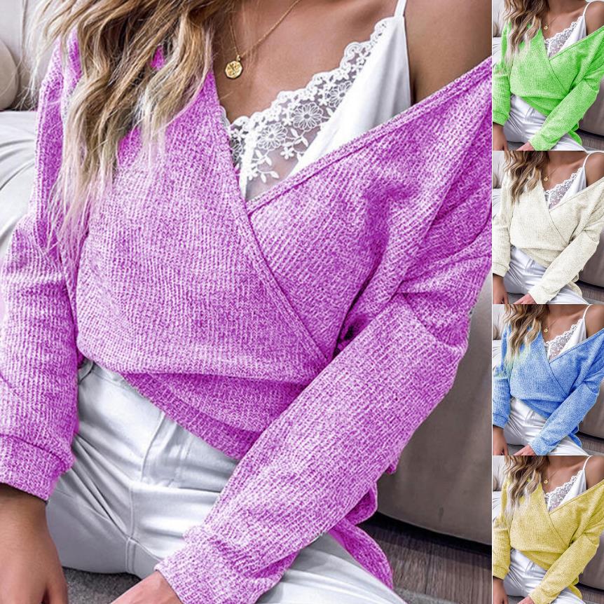 Damen feiner Strickwickelpullover mit tiefem V-Ausschnitt, überschnittenem Schulter und melierter Textur Drune