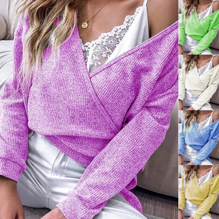 Damen feiner Strickwickelpullover mit tiefem V-Ausschnitt, überschnittenem Schulter und melierter Textur Drune