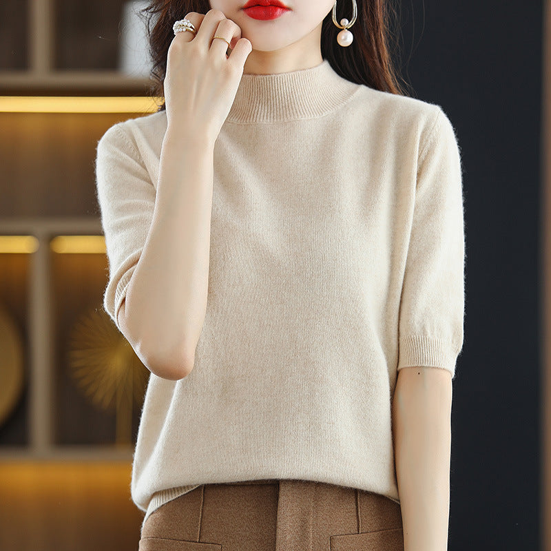 Damen Kurzärmeliger Feinstrick-Pullover mit halbem Rollkragen Drune
