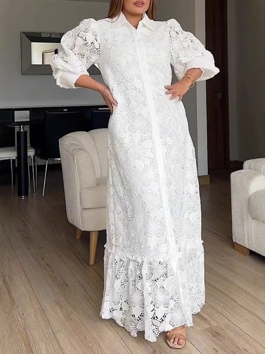 Damen nan Maxikleid aus Häkelspitze mit Hemdkragen und Puffärmeln Drune