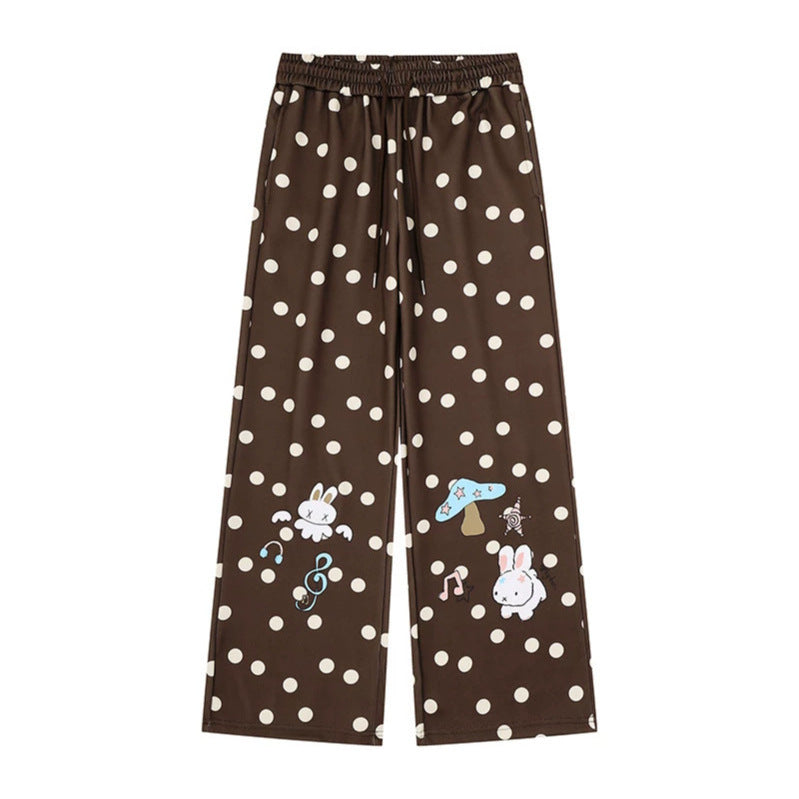 Damen Weite Lounge‑Hose mit Komfortbund, Polka‑Dot‑Allover und verspieltem Cartoon-Print Drune