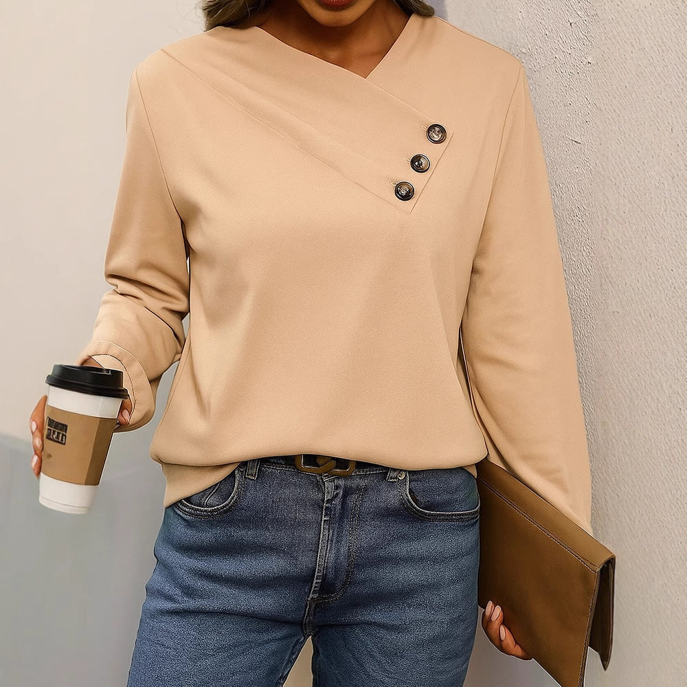Damen Asymmetrische V-Ausschnitt Bluse mit Zierknopfleiste und Langarm Drune