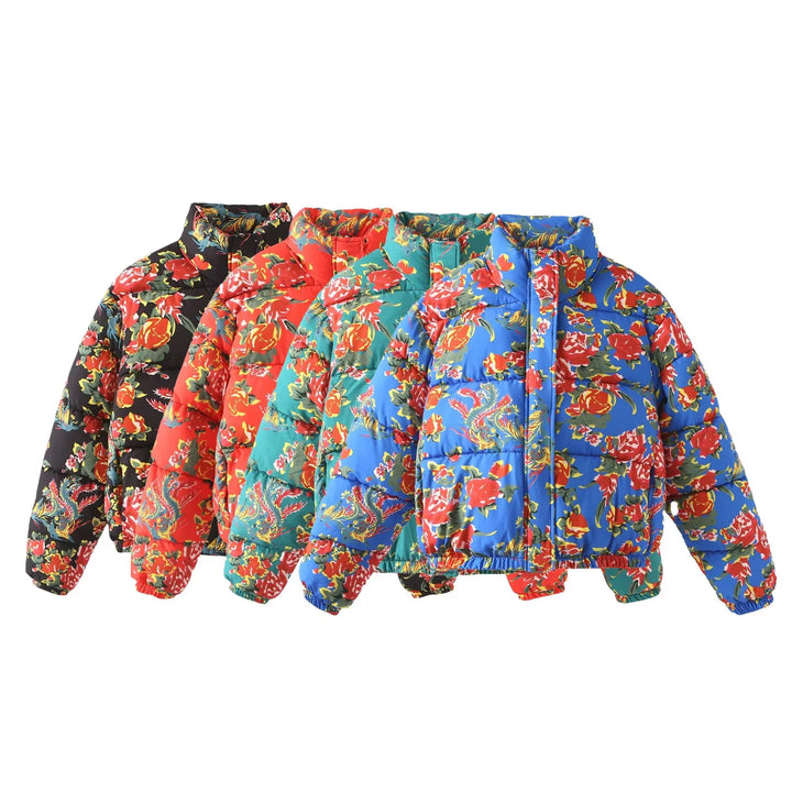 Damen nan gesteppte Daunenoptik Steppjacke mit floralem Alloverprint, Stehkragen und elastischem Saum Drune