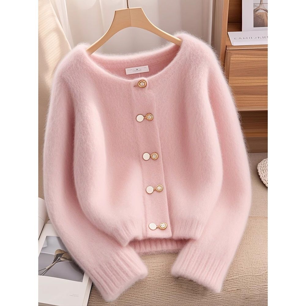 Damen kuschelige Strickjacke mit goldenen Knopfdetails Drune