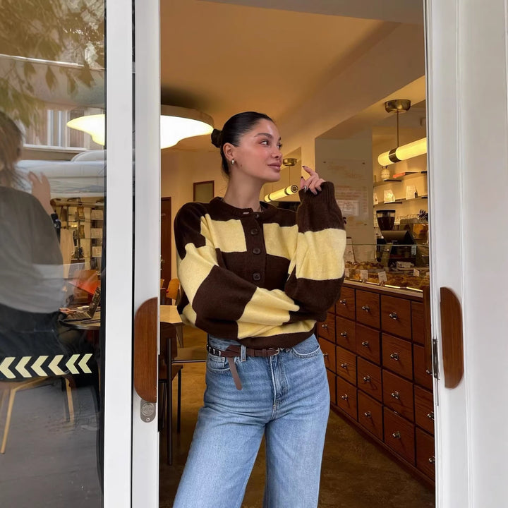 Damen Gestreifter Grobstrick-Pullover im Boxy-Cropped-Schnitt mit Henley-Knopfleiste Drune