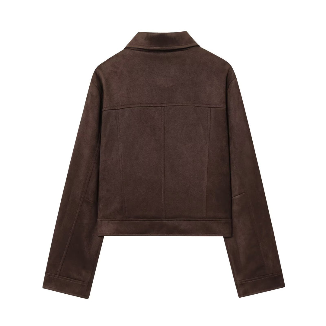 Damen 30+ kurz geschnittene Veloursjacke im Blousonstil mit Hemdkragen und verdeckter Druckknopfleiste Drune