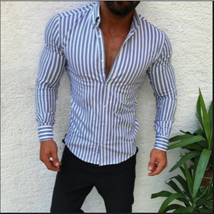 Herren Figurbetontes Button-Down-Hemd mit vertikalen Kontraststreifen und tailliertem Schnitt Drune