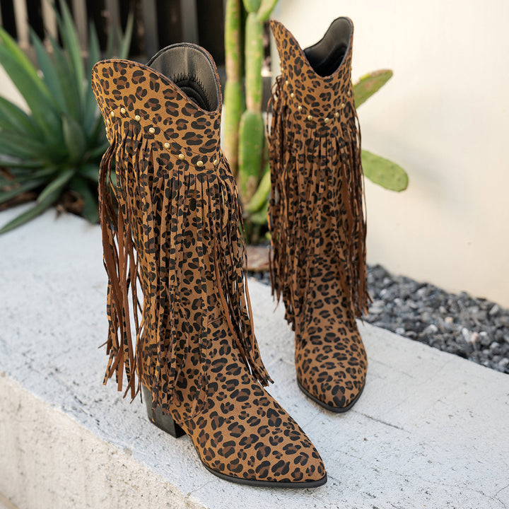Damen Wadenhohe Wildleder Westernstiefel mit langen Fransen und Ziernieten Drune
