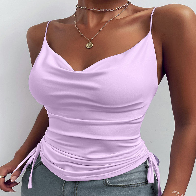 Damen Schicke Satin-Bluse mit tiefem V-Ausschnitt und Raffung Drune
