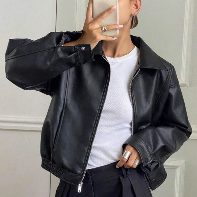 Damen Oversized Lederjacke im Bomberstil mit elastischem Saum Drune