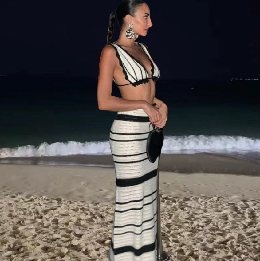 Damen Strick-Bikini-Set mit schickem Wellenmuster und hohem Bund Drune