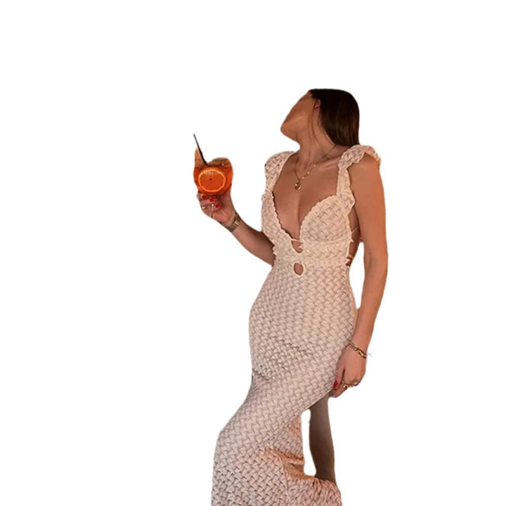 Damen Strick-Maxikleid mit tiefem V-Ausschnitt und Rüschendetails Drune
