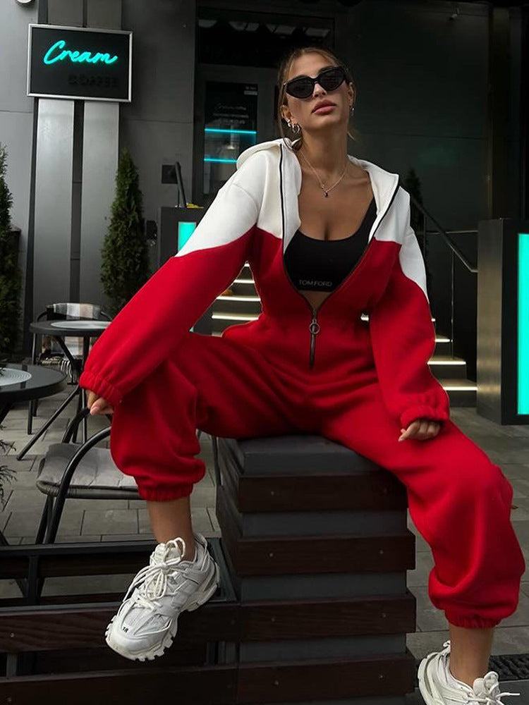 Damen modern geschnittener Zip-Hoodie und High-Waist Jogginghose Set Drune