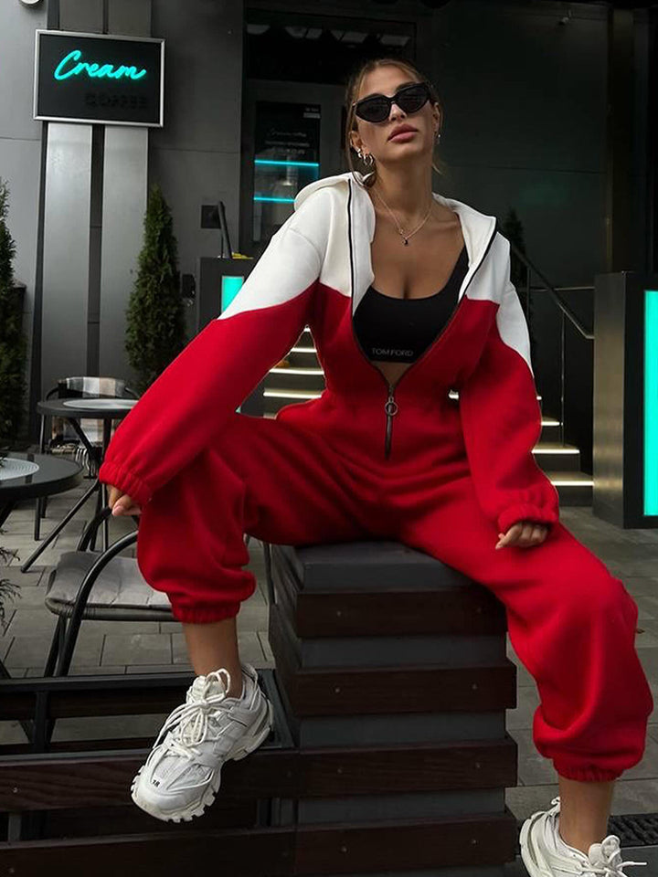 Damen modern geschnittener Zip-Hoodie und High-Waist Jogginghose Set Drune