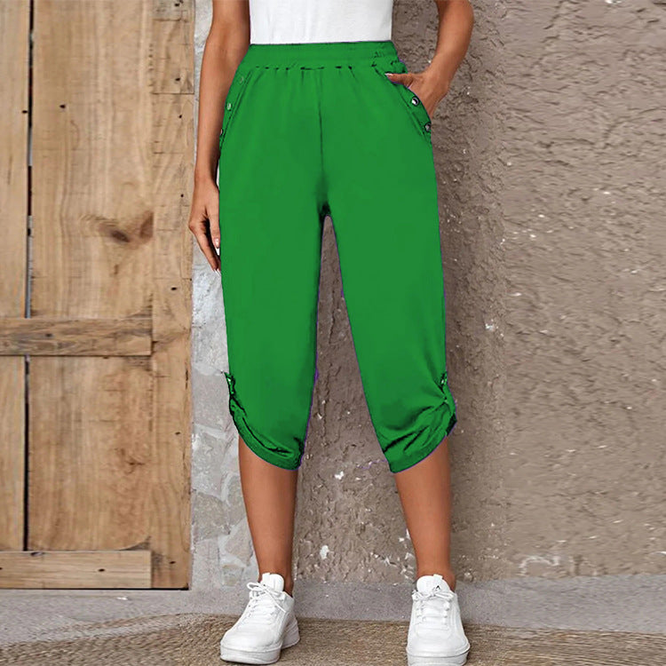 Damen sportliche Caprihose mit dekorativen Knopfdetails Drune