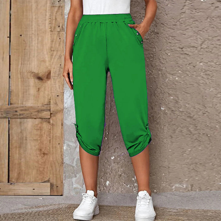 Damen sportliche Caprihose mit dekorativen Knopfdetails Drune