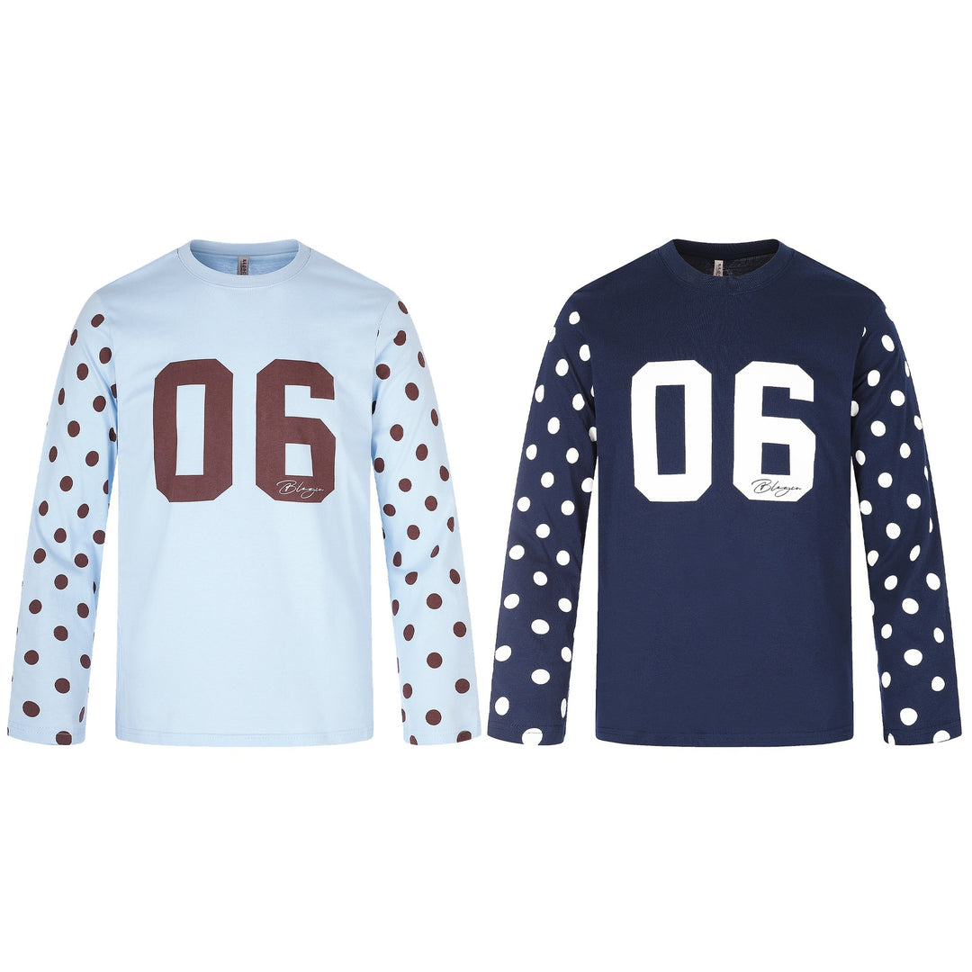 Damen Langärmliges Statement-Shirt mit Polka‑Dot-Ärmeln und Zahlendruck Drune