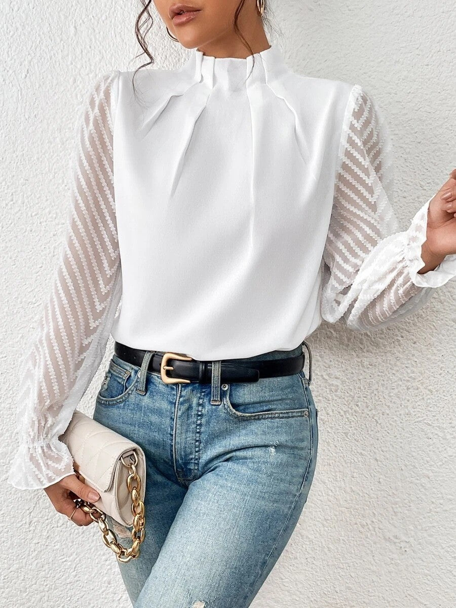 Damen elegante Bluse mit strukturierten Ärmeln und hohem Kragen Drune