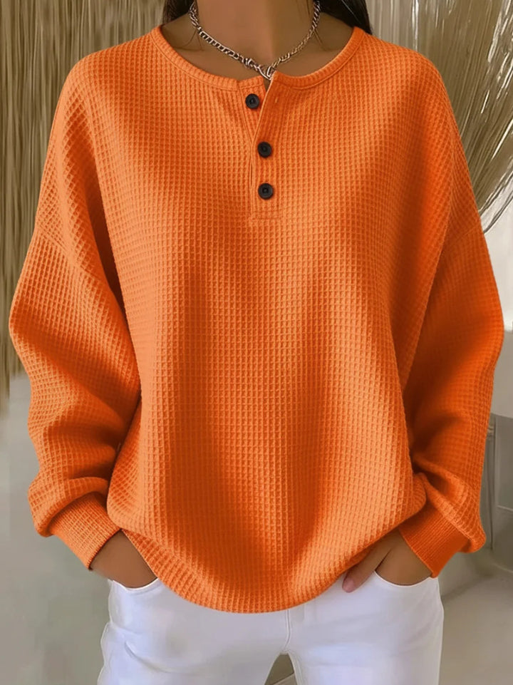 Damen Oversize Waffelstrick-Henleyshirt mit Knopfleiste und Rundhalsausschnitt Drune