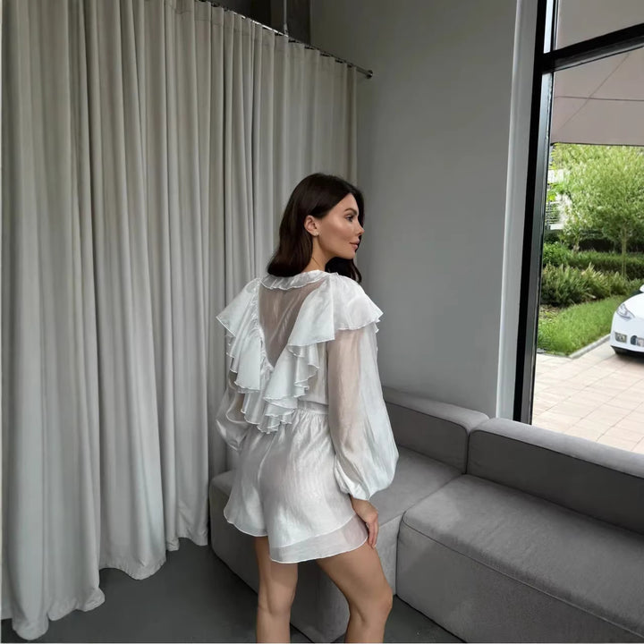 Damen stilvolles Chiffon-Set mit Rüschendetails und Taillengürtel Drune