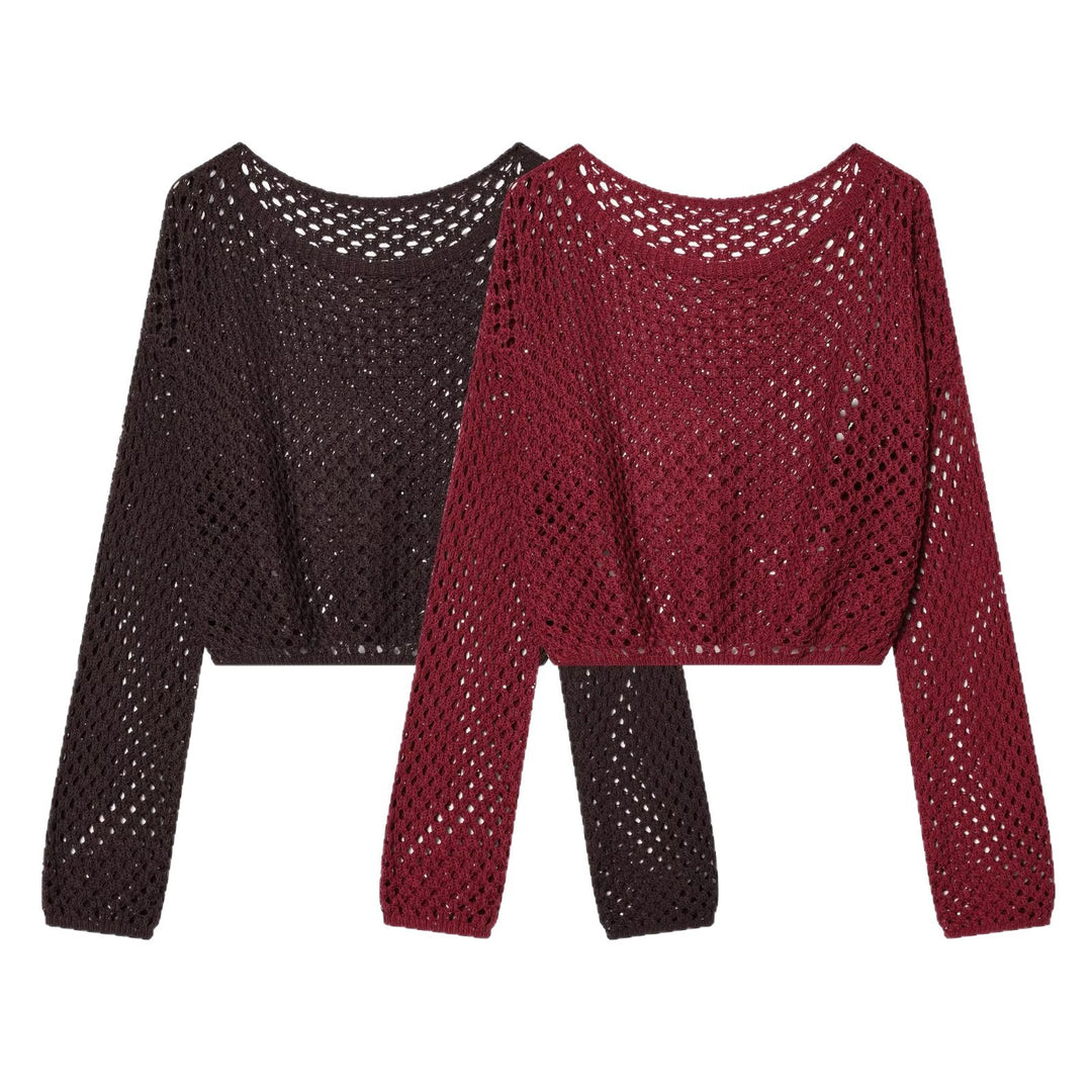 Damen Lockerer gehäkelter Cropped‑Pullover mit Ajourmuster Drune