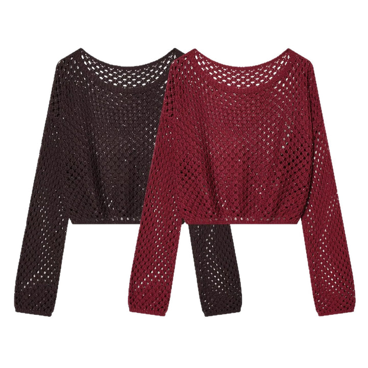 Damen Lockerer gehäkelter Cropped‑Pullover mit Ajourmuster Drune