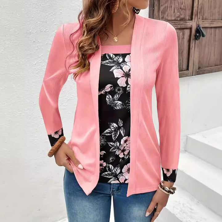 Damen Offener Longcardigan mit strukturierter Crinkle‑Optik und floralem Einsatztop Drune