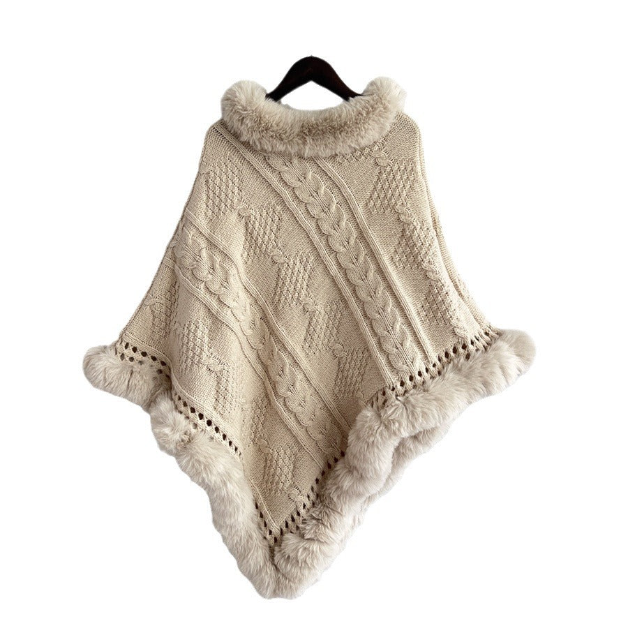 Damen Strickponcho mit weichem Fellkragen und dekorativen Zopfmustern Drune