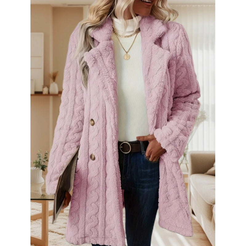 Damen Midilanger Teddy-Mantel mit Zopfmuster, Reverskragen und doppelt geknöpfter Front Drune