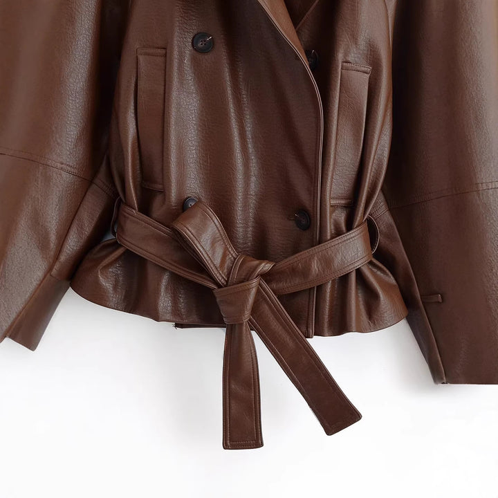 Damen Kurz geschnittener Kunstleder-Trenchcoat mit Bindegürtel und doppelreihiger Knopfleiste Drune