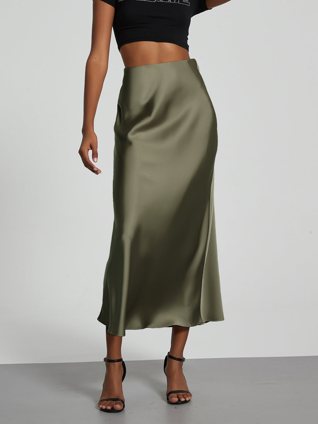 Damen-Satinrock mit hoher Taille und Midi-Länge
