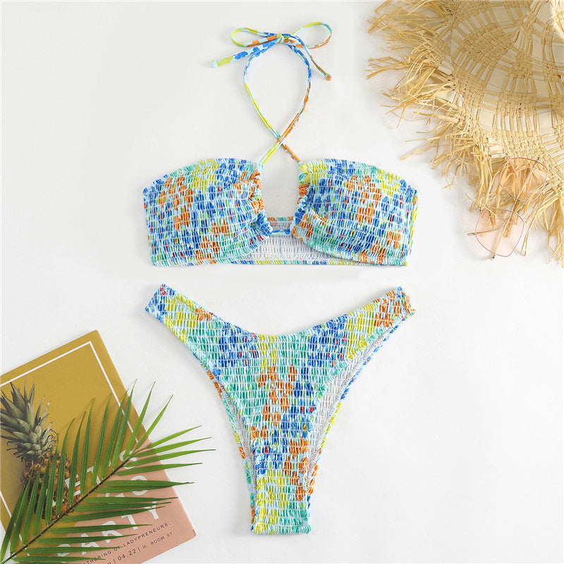 Damen Bandeau-Bikini mit verspieltem Wickeldetail und buntem Design Drune