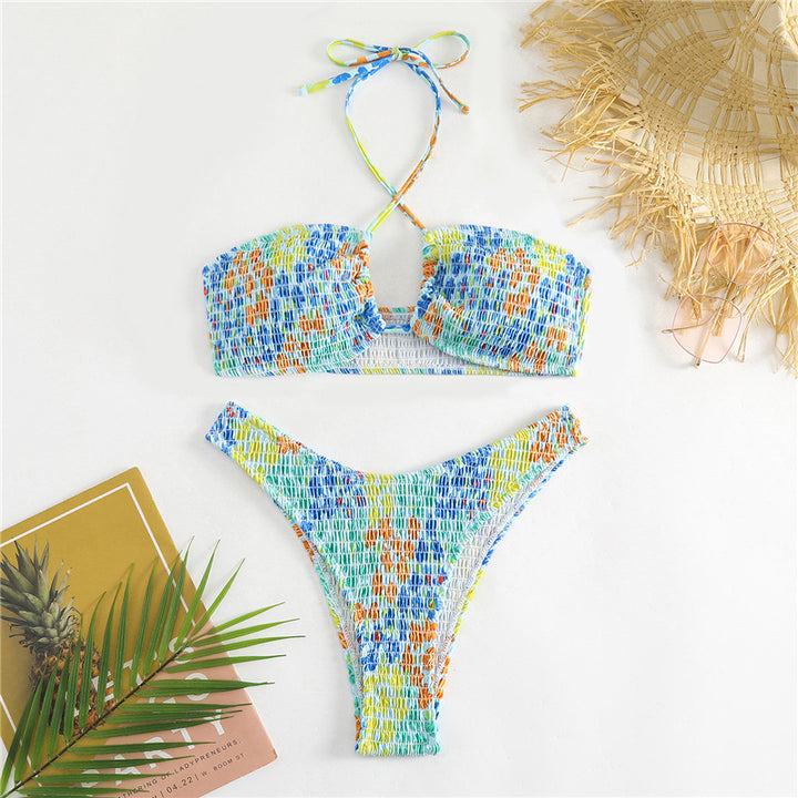 Damen Bandeau-Bikini mit verspieltem Wickeldetail und buntem Design Drune