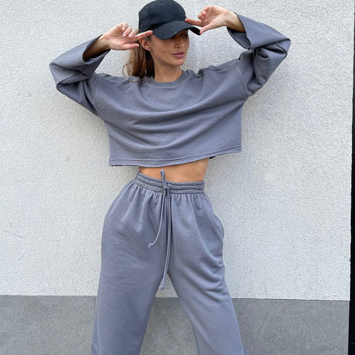 Damen lässiges Oversize-Lounge-Set mit weitem Crewneck-Sweater und elastischer Kordelbund-Jogginghose Drune