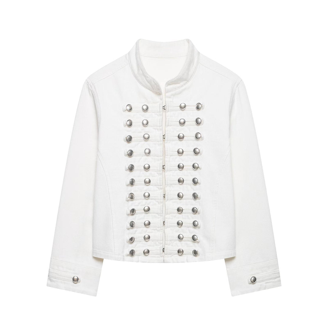 Damen Taillierte Denim‑Blazerjacke im militärisch inspirierten Marschallstil mit Zierknopfleiste Drune