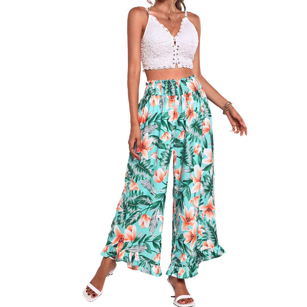 Damen weite Strandhose mit floralem Muster und elastischem Bund Drune