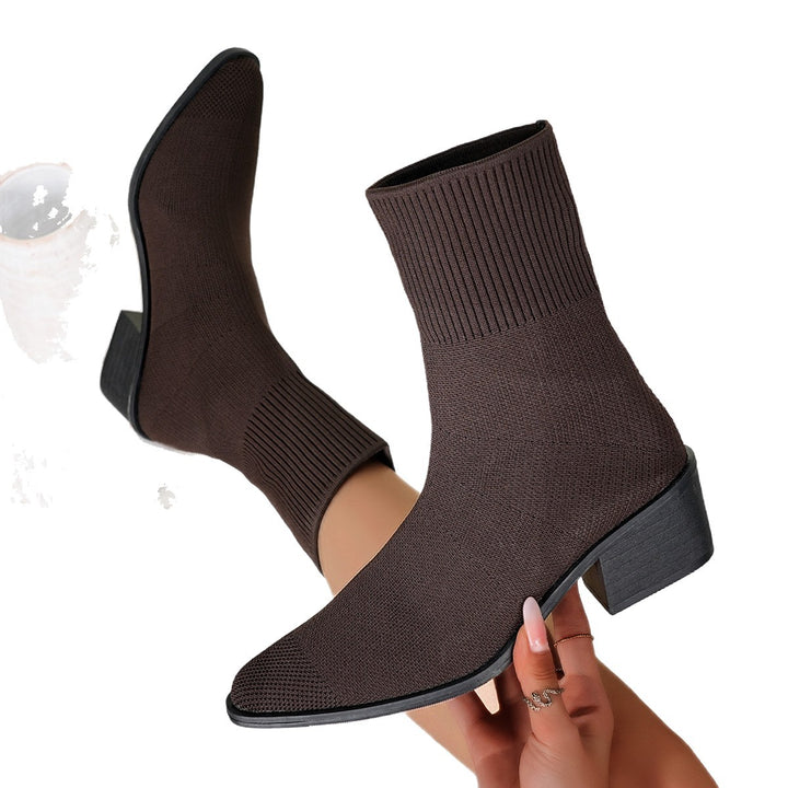 Damen Strick-Stiefelette mit sockenhaftem Schaft und mittelhohem Blockabsatz Drune