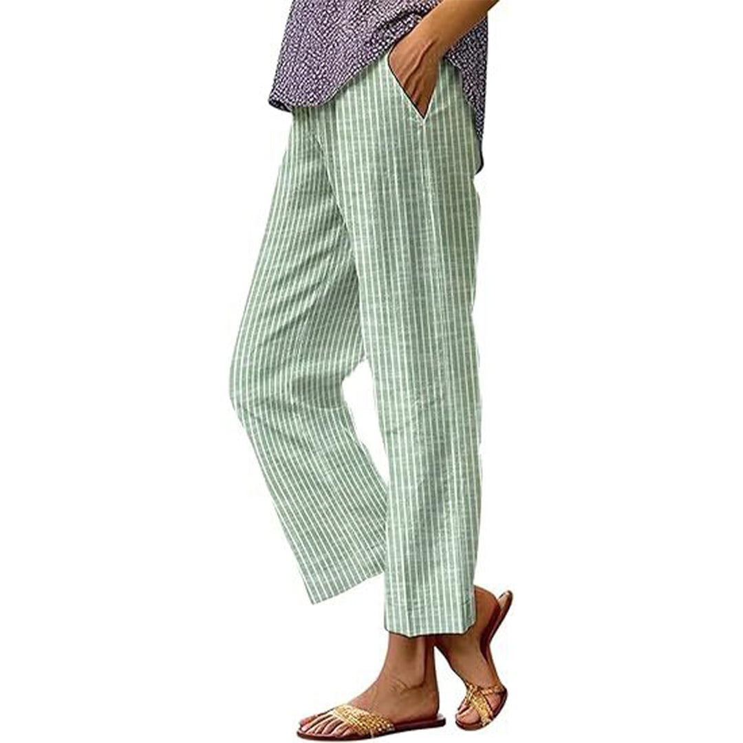 Damen leichte karierte Leinenoptik-Hosen mit geradem Bein und seitlichen Taschen Drune
