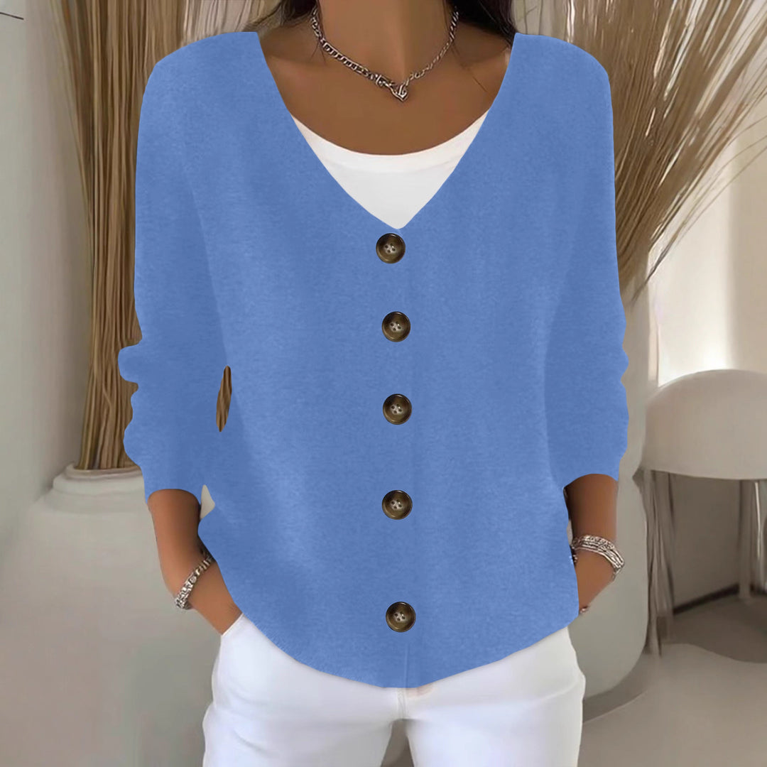 Damen Lockerer V-Ausschnitt Feinstrick-Cardigan mit Holzknopfleiste Drune